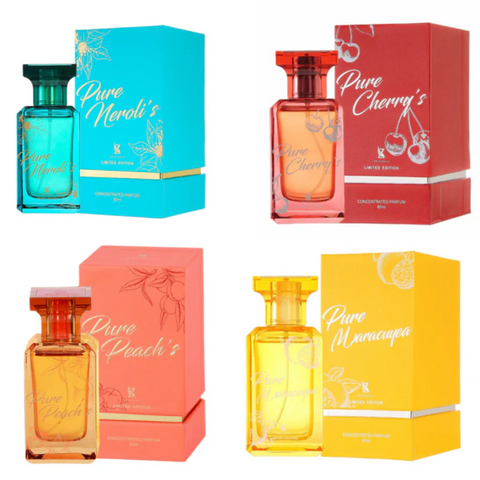 The Pure's Bundle | Pure Neroli's Eau De Parfum 80ML (2.7FL OZ) Unisex | Pure Cherry's Eau De Parfum 80ML (2.7 FL OZ) Unisex | Pure Maracuyea Eau De Parfum 80ML (2.7 FL OZ) Unisex | Pure Peach's Eau De Parfum 80ML (2.7 FL OZ) Unisex
