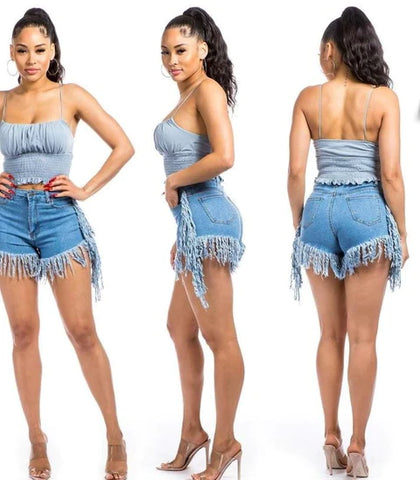 Women SWEET LOOK Frayed Ripped High Waisted Short