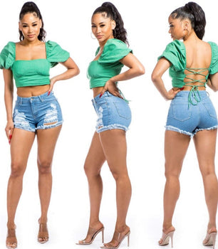 Women SWEET LOOK High Waisted Ripped Short